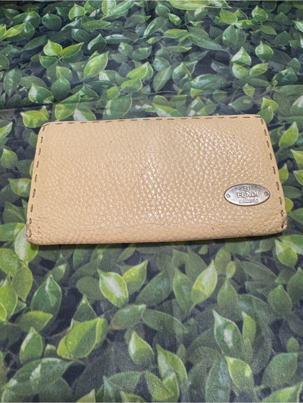 Fendi Beige Pebbled Leather Zip Card Holder